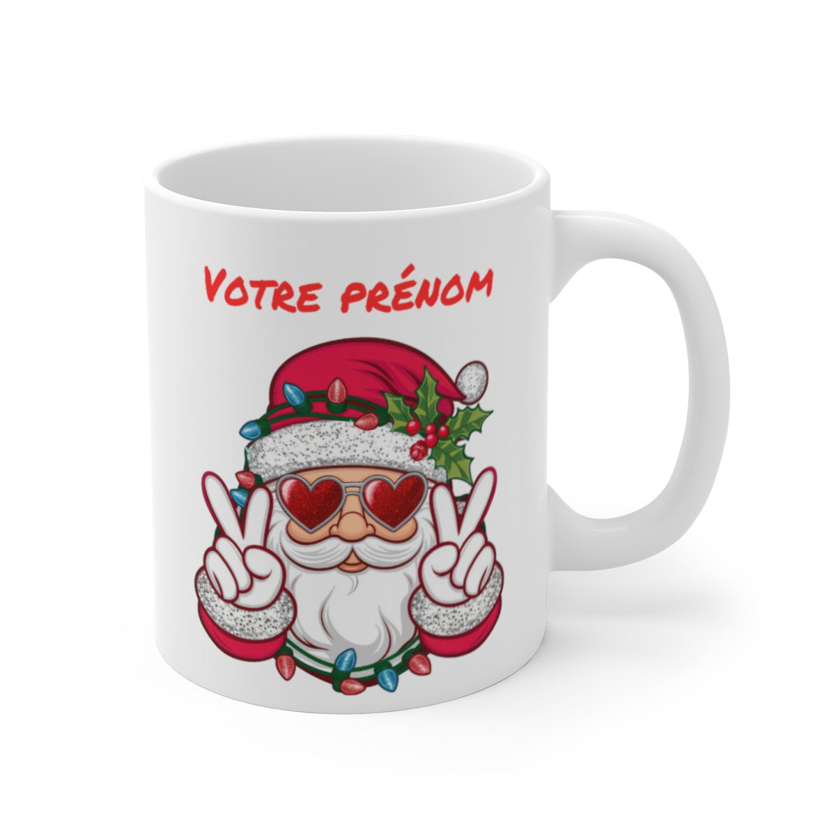 Mug de Noël Personnalisé - Père Noël Cool avec Signes de Paix et Lunettes Cœur - Prénom au Choix