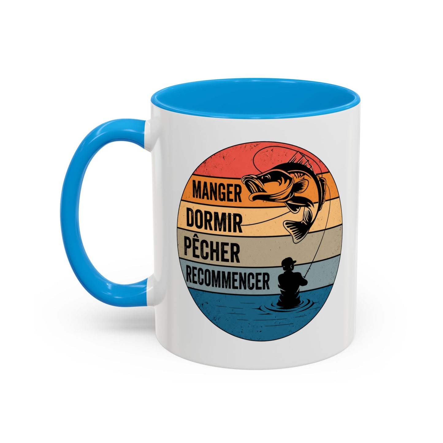 Mug Pêche Vintage – Tasse Pêcheur avec Poisson – Cadeau Homme Passionné de Canne et Loisirs en Plein Air – 325 ml Noir Bleu Rouge