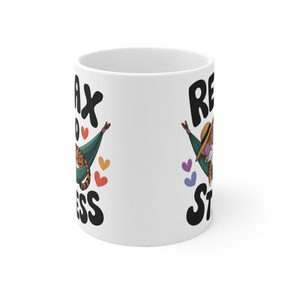 Mug Animal "No Stress" avec Chat Cool en Hamac - Tasse en Céramique Anti-Stress - Idée Cadeau pour les Moments de Détente