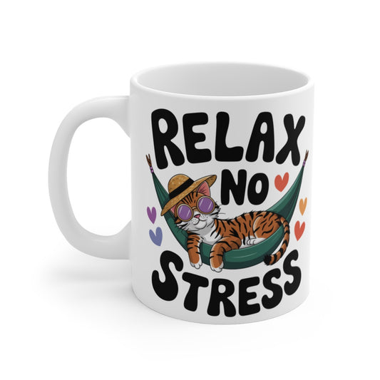Mug Animal "No Stress" avec Chat Cool en Hamac - Tasse en Céramique Anti-Stress - Idée Cadeau pour les Moments de Détente