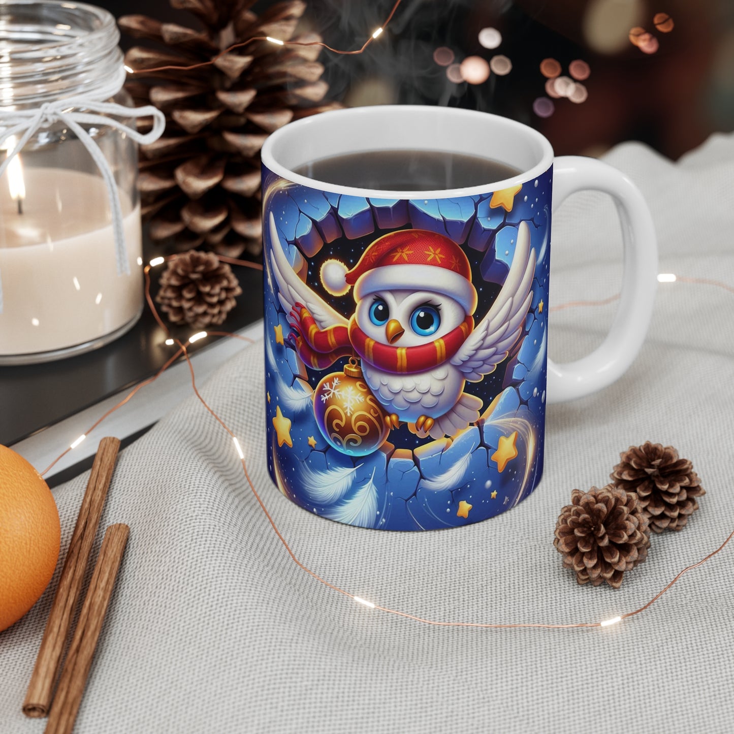 Mug Noël 325ml – Chouette Blanche Festive avec Écharpe Rouge et Boule Dorée – Tasse Céramique Cadeau Hiver