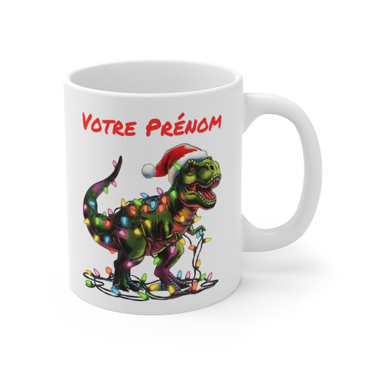 Mug Personnalisé T-Rex de Noël avec Guirlande Lumineuse - Cadeau Original et Festif pour les Amoureux des Dinosaures