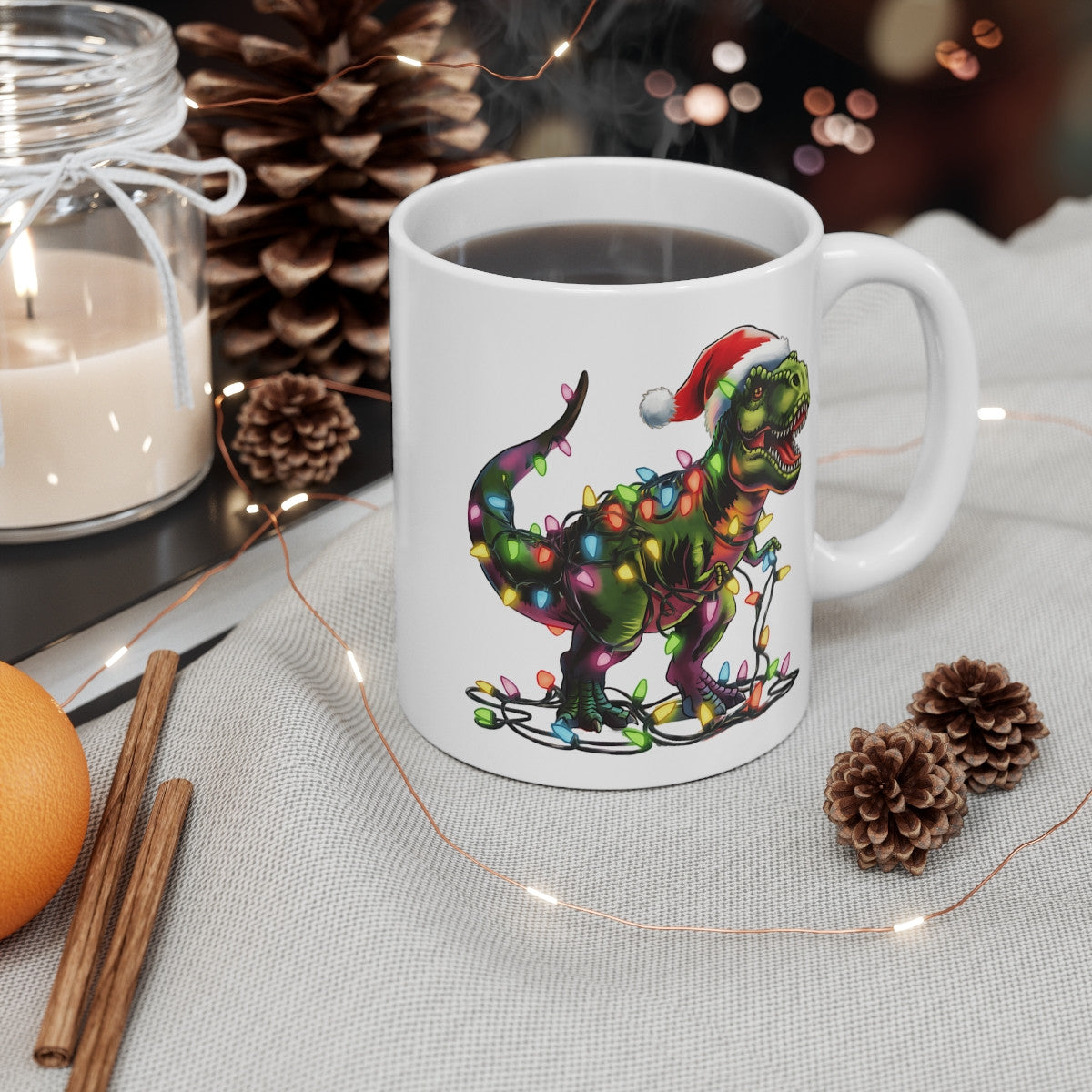 Mug Noël T-Rex avec Guirlande Lumineuse - Tasse Festive et Fun - Idée Cadeau Originale pour enfants et adultes