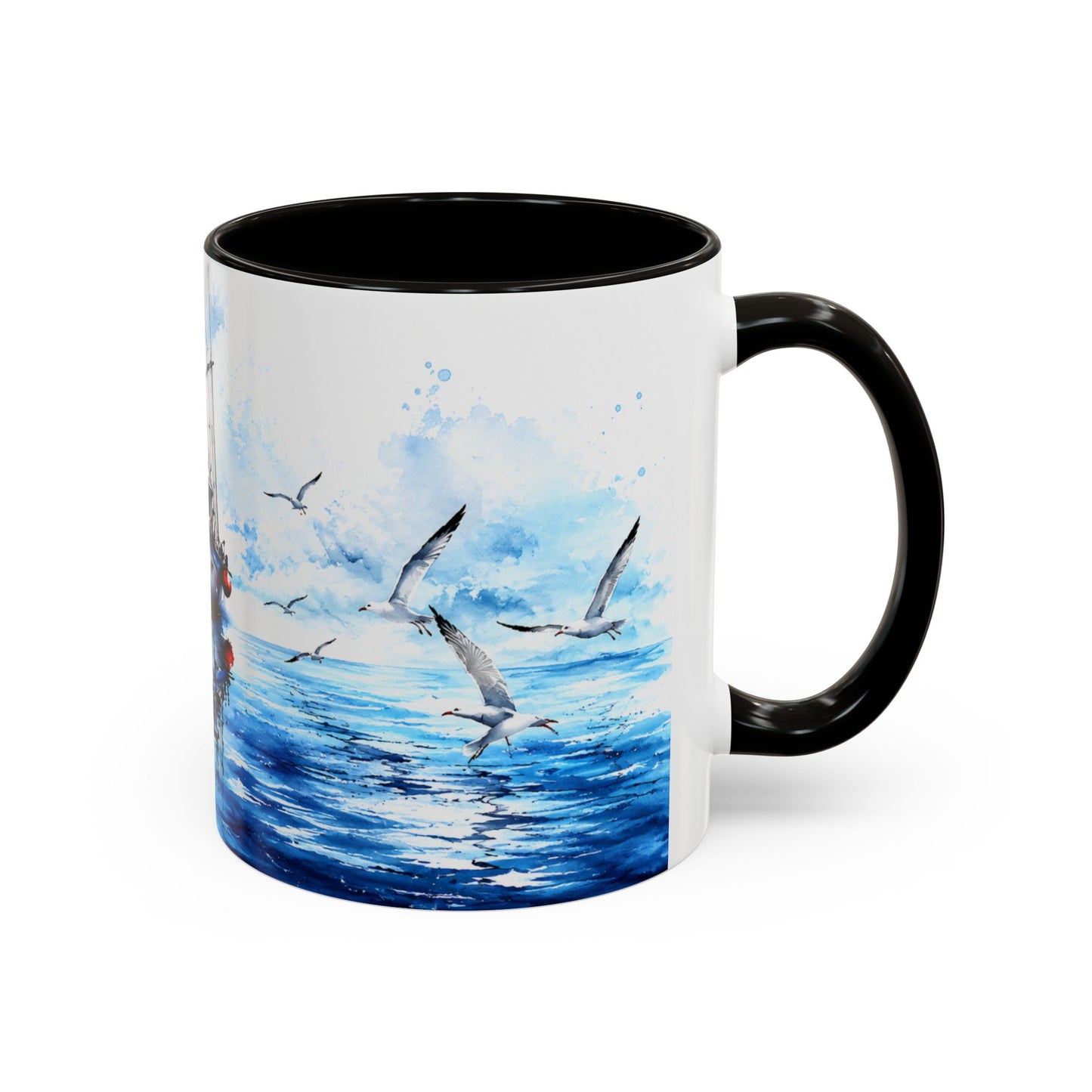 Tasse Bateau Marin – Mug Océan Aquarelle avec Mouettes – Cadeau Mer Pêche Homme Femme 325ml