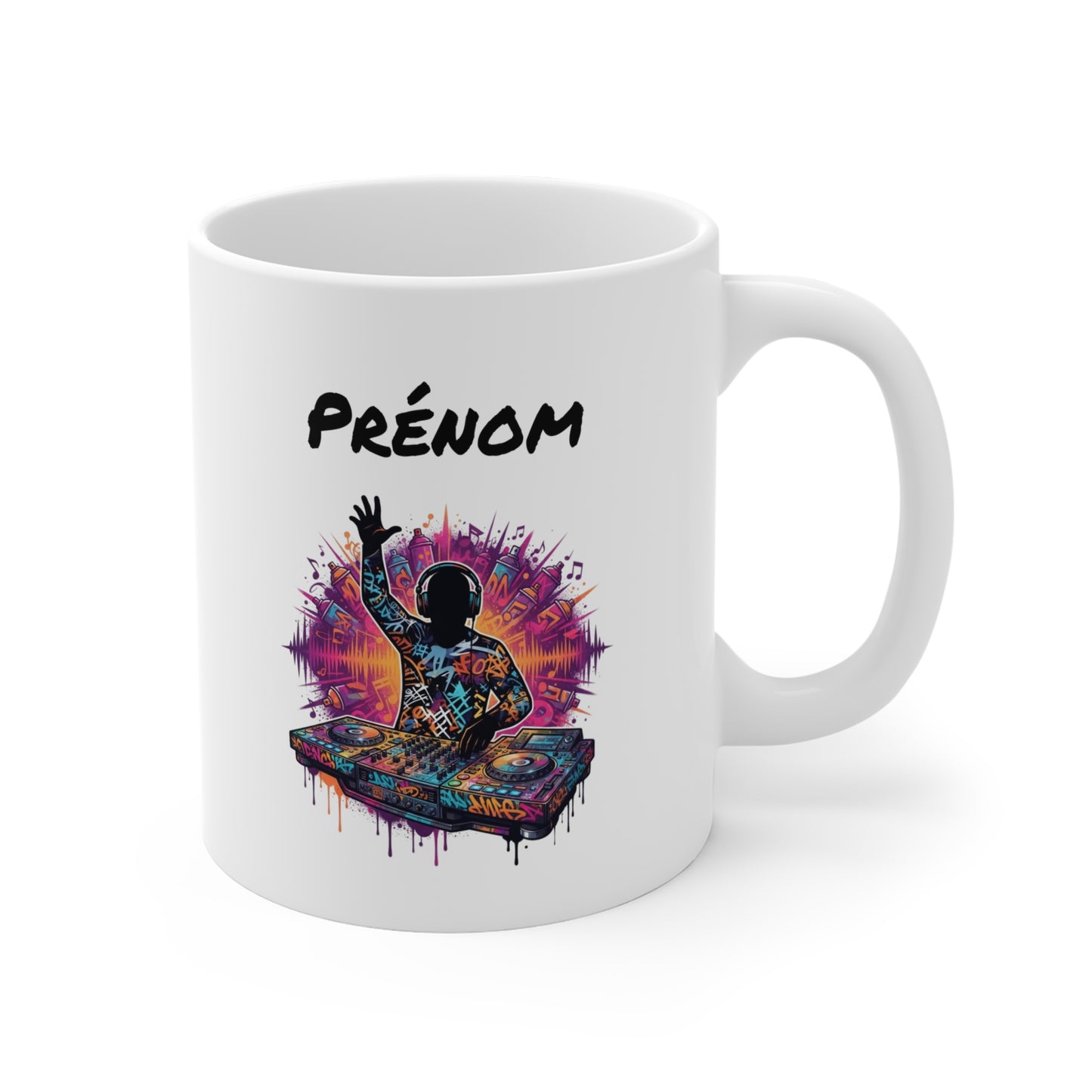 Tasse DJ Personnalisée avec Prénom – Mug Musique Électro Platines Graffiti – Cadeau DJ Homme Femme 325 ml