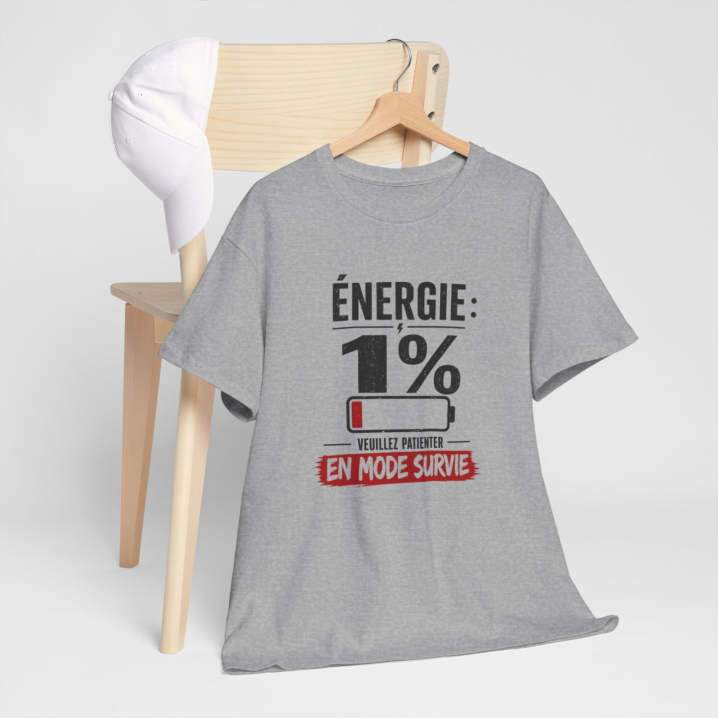 T-Shirt Humour Fatigue – Énergie 1% Mode Survie – Tee Shirt Drôle Adulte Manque de Sommeil Travail Idée Cadeau
