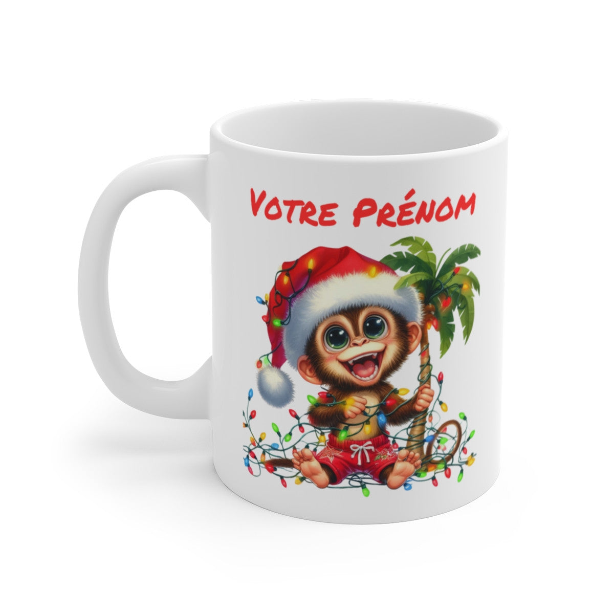 Mug Personnalisé Singe de Noël - Tasse Festive avec Prénom - Cadeau Unique pour les Fêtes