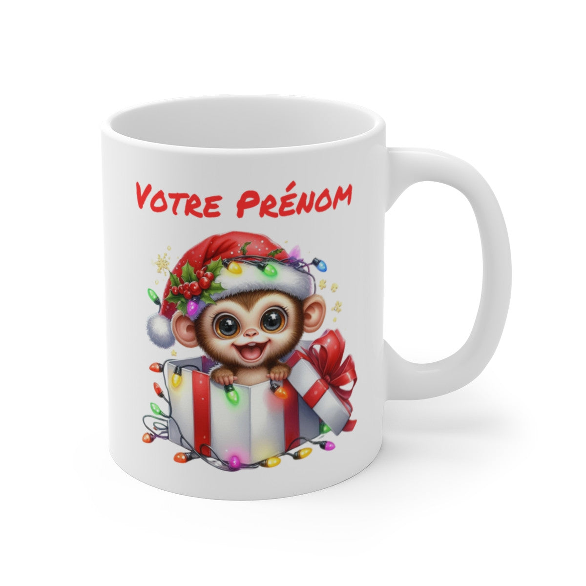 Mug Personnalisé Singe de Noël - Tasse Festive avec Prénom - Idée Cadeau Mignon pour les Fêtes