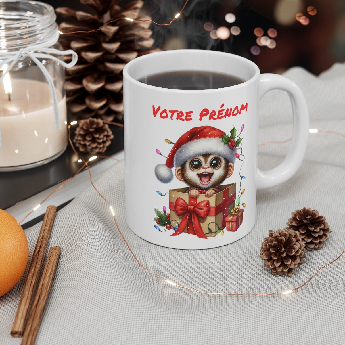 Mug Personnalisé Singe de Noël - Tasse avec Prénom - Cadeau Festif et Mignon pour les Fêtes