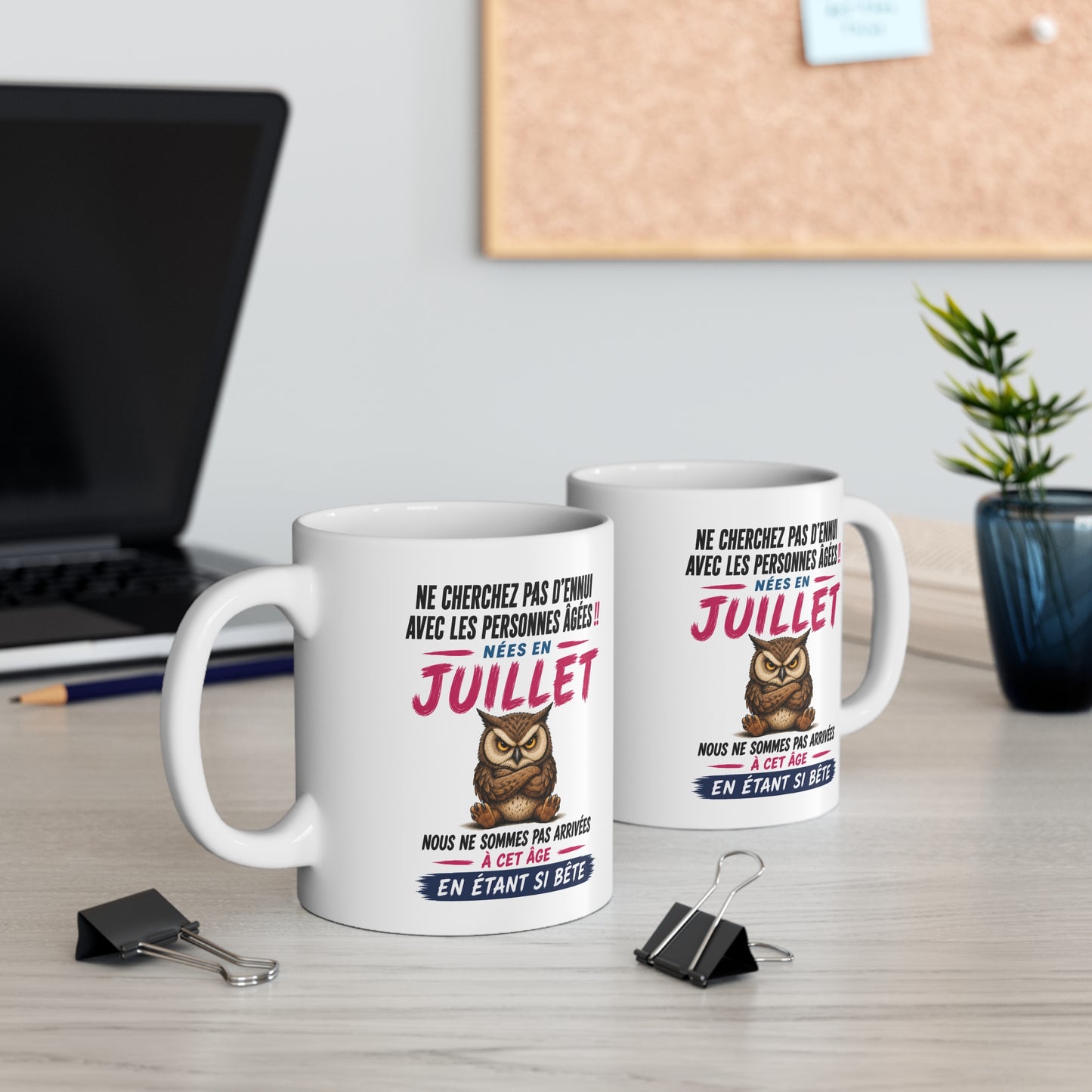 Tasse Retraite Juillet Humour – Mug Personne Âgée Hibou Drôle – Cadeau Retraité 325ml