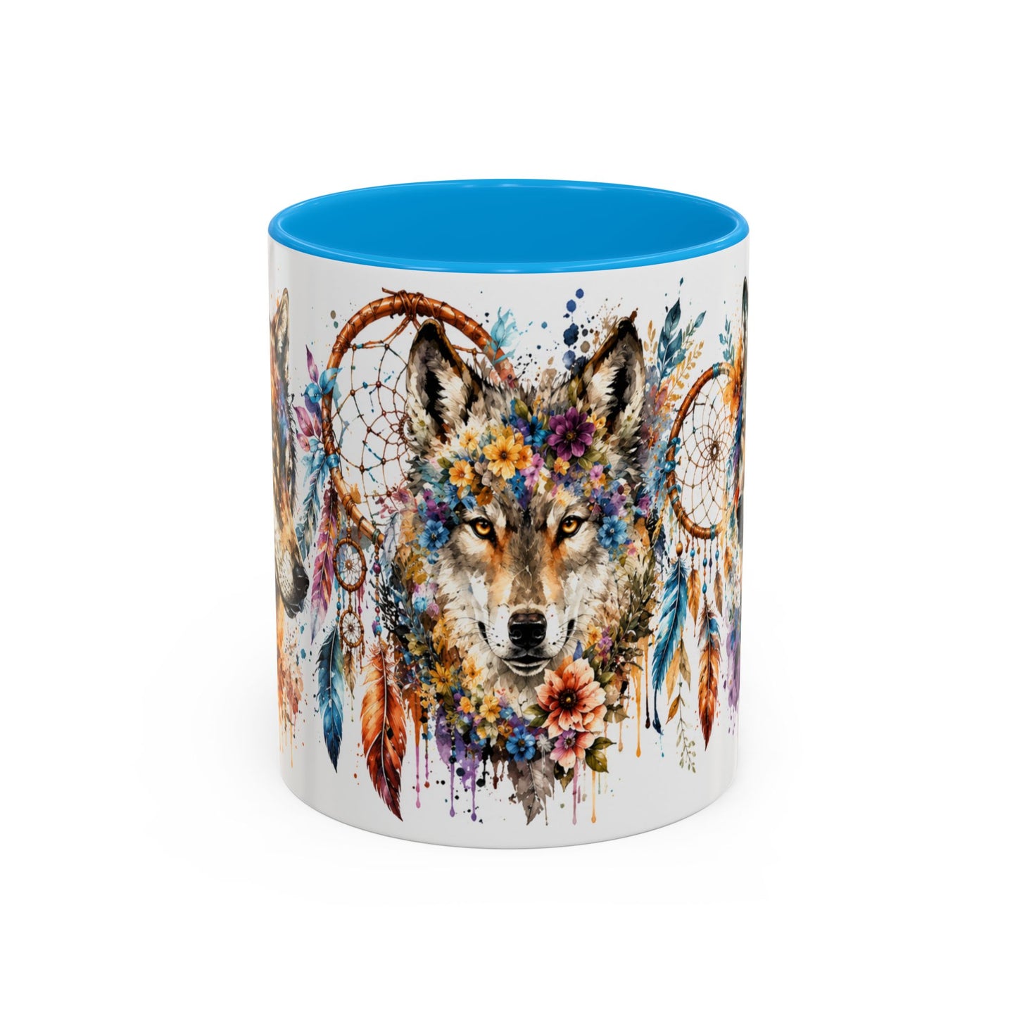 Tasse Loup Bohème – Mug Attrape-Rêves et Fleurs Colorées – Cadeau Animal Spirituel Homme Femme 325ml