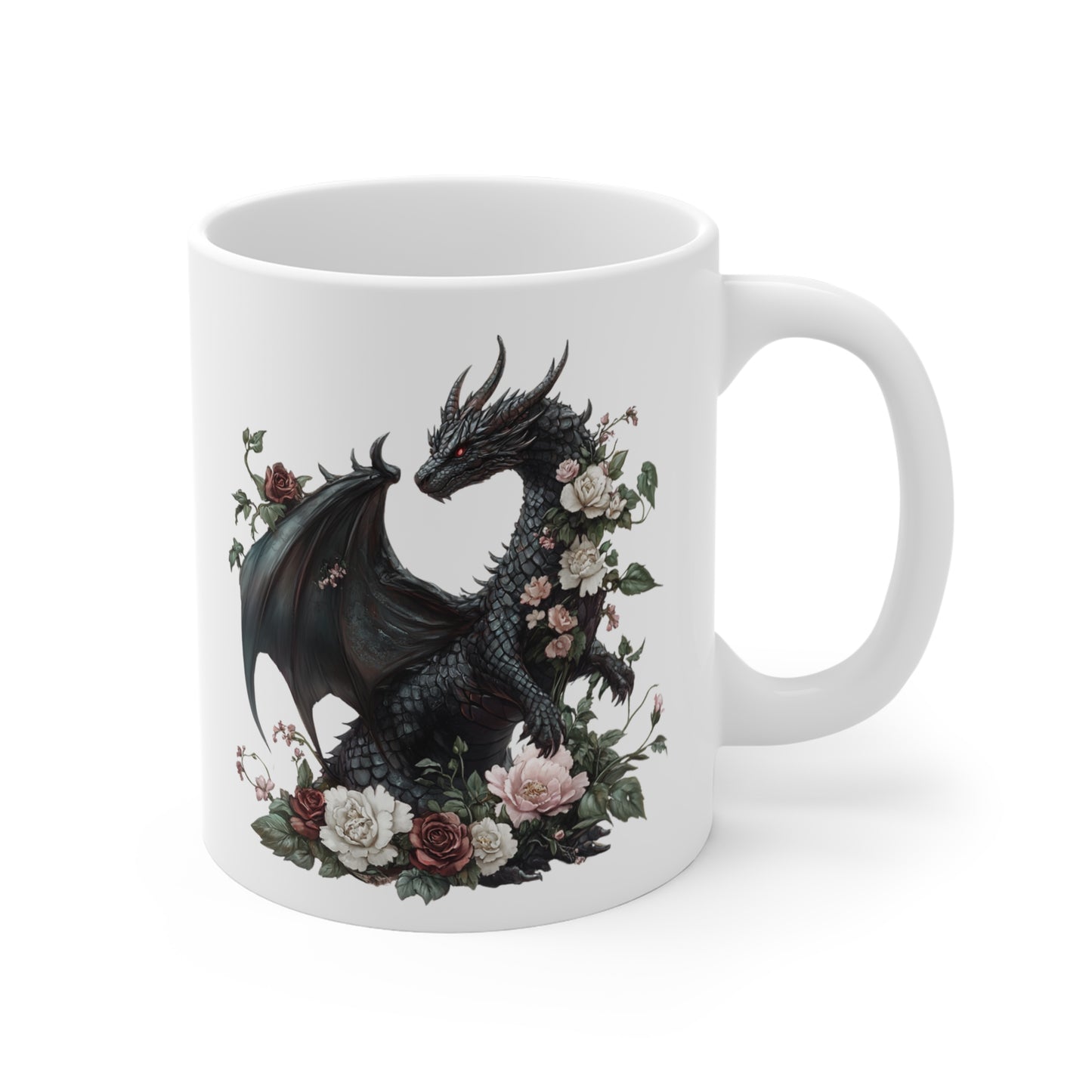 Mug Dragon Noir et Roses – Tasse Fantasy Gothique Élégante – Cadeau Magique Céramique 325ml