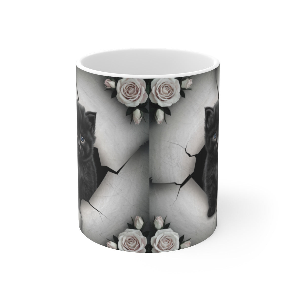 Mug Tasse Animal Chat "Chaton Noir et Roses Blanches" - Élégance et Mystère Félin
