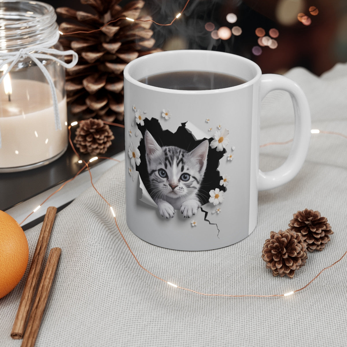 Mug "Tasse Animal Chaton et Fleurs Blanches" - Douceur et Élégance Féline pour enfants et adultes
