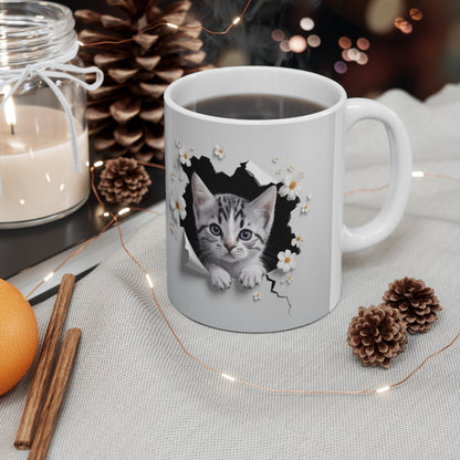 Mug "Tasse Animal Chaton et Fleurs Blanches" - Douceur et Élégance Féline pour enfants et adultes