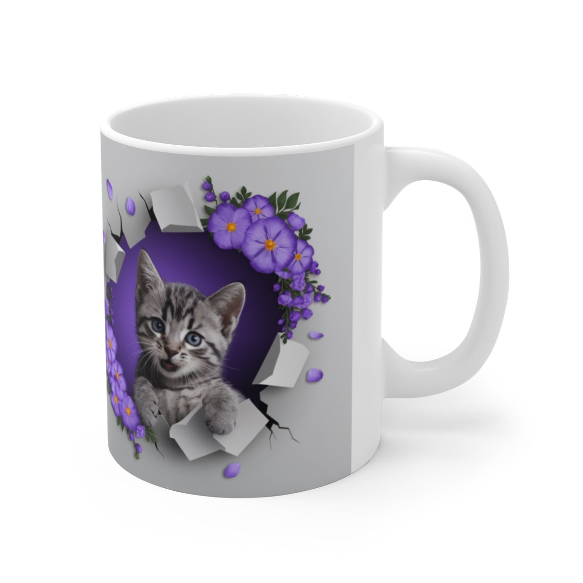 Mug Tasse Animal Chat "Chaton et Fleurs Violettes" - Élégance Féline et Florale pour enfants et adultes