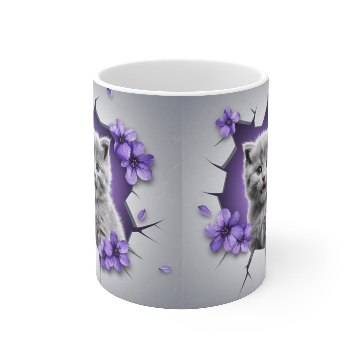 Mug Tasse Animal "Chaton Gris et Fleurs Violettes" - Élégance et Douceur pour enfants et adultes