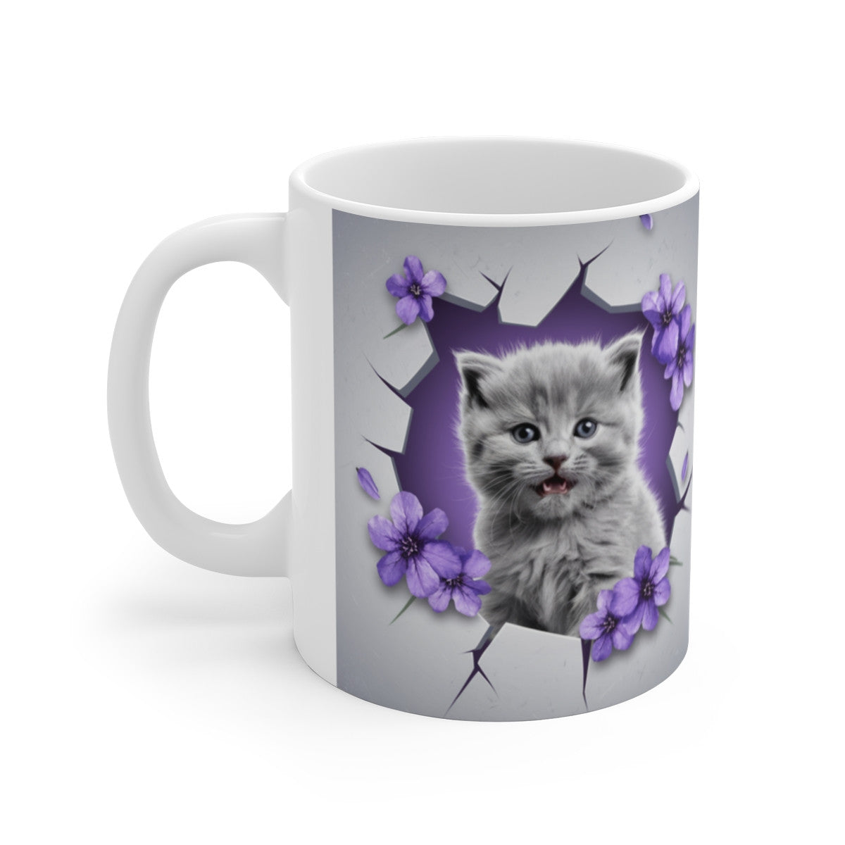 Mug Tasse Animal "Chaton Gris et Fleurs Violettes" - Élégance et Douceur pour enfants et adultes