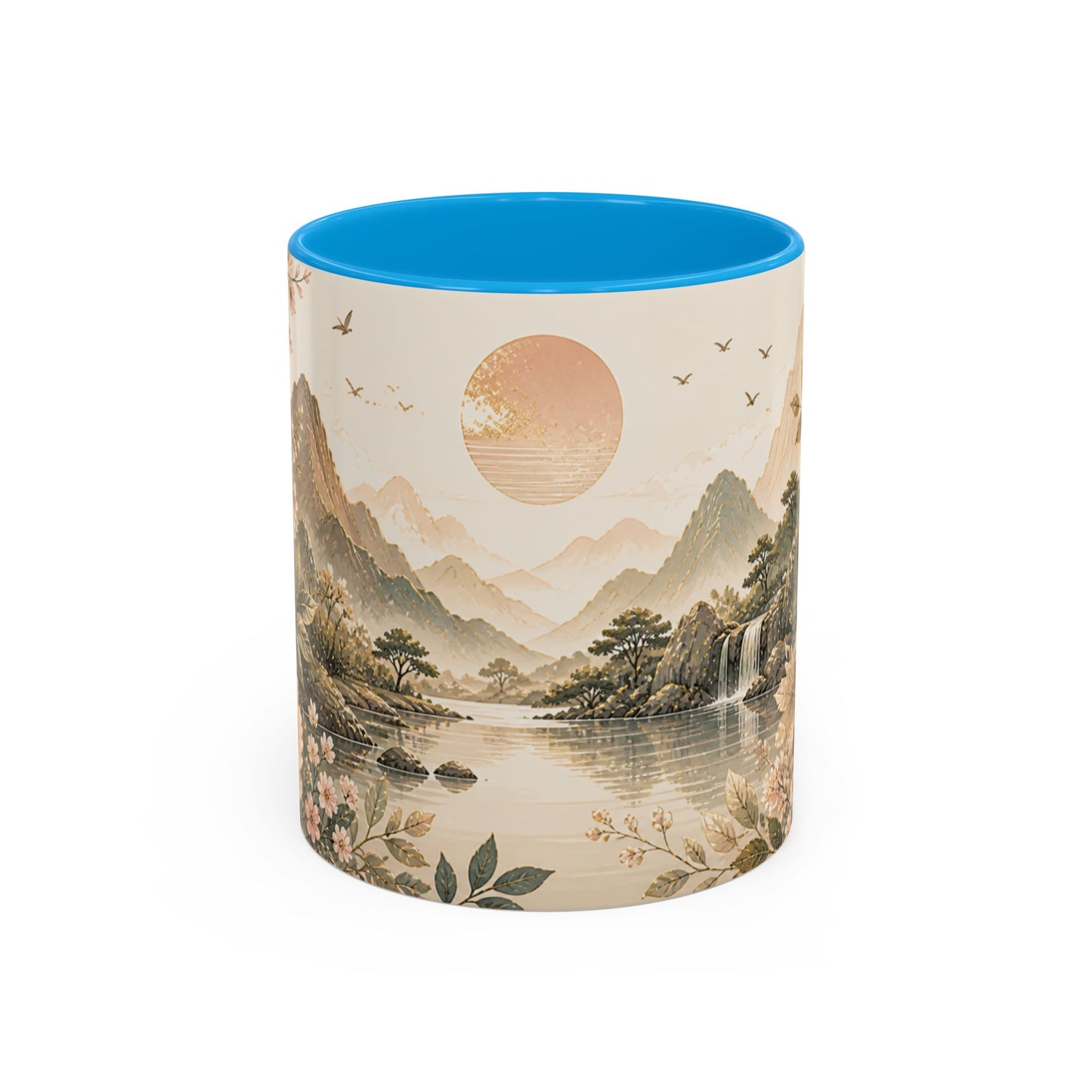 Tasse Paysage Japonais Zen – Mug Floral Beige avec Montagnes, Rivière et Ambiance Asiatique Apaisante 325ml