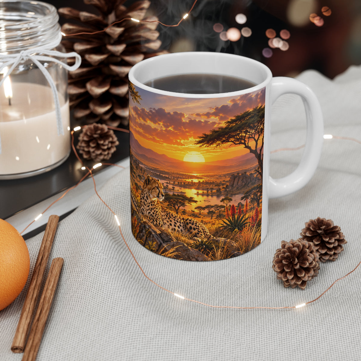 Mug Famille de Guépards dans la Savane – Tasse Animaux Sauvages Afrique avec Coucher de Soleil – Cadeau Original Amoureux des Félins