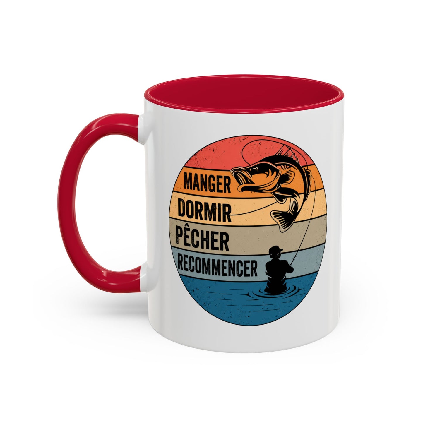 Mug Pêche Vintage – Tasse Pêcheur avec Poisson – Cadeau Homme Passionné de Canne et Loisirs en Plein Air – 325 ml Noir Bleu Rouge