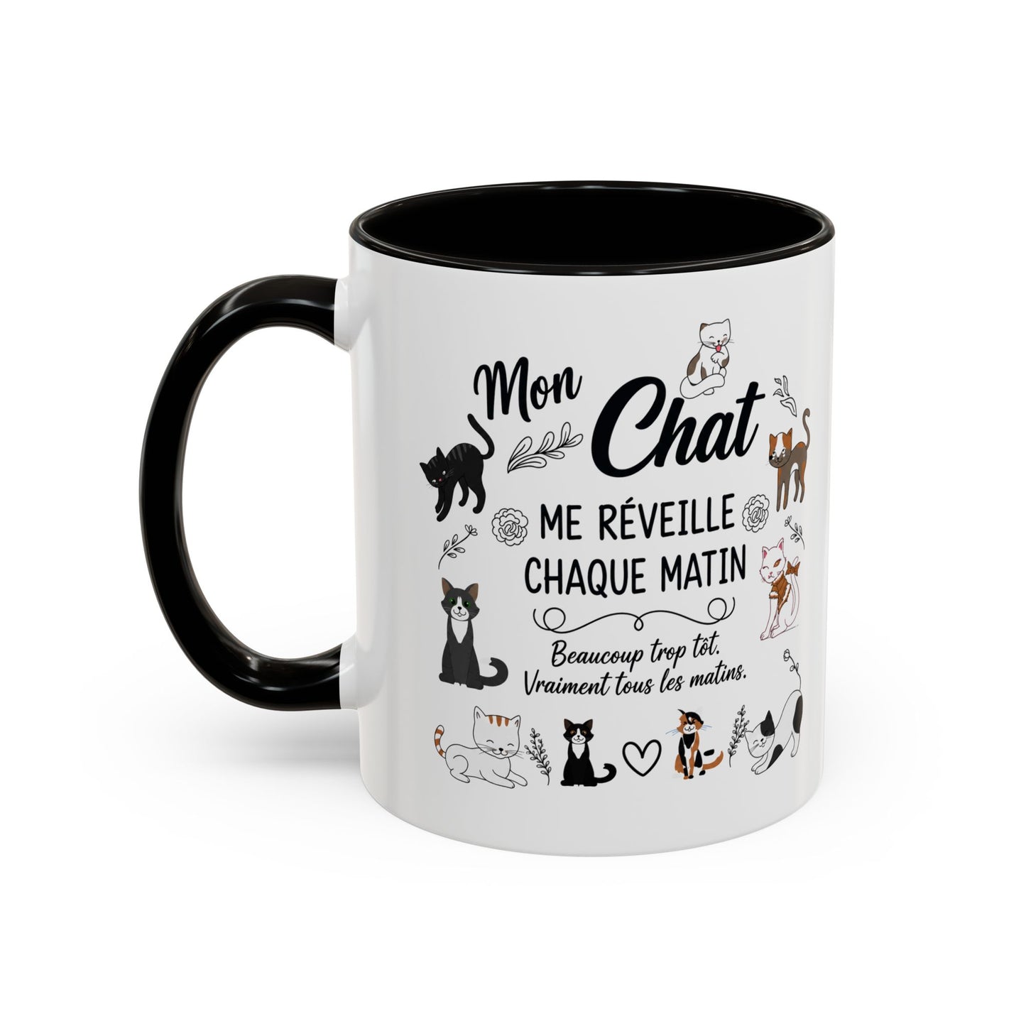 Tasse Chat Homme et Femme – Mon Chat Me Réveille Chaque Matin – Mug Humour Amoureux des Chats – Cadeau Propriétaire de Chat – 325 ml