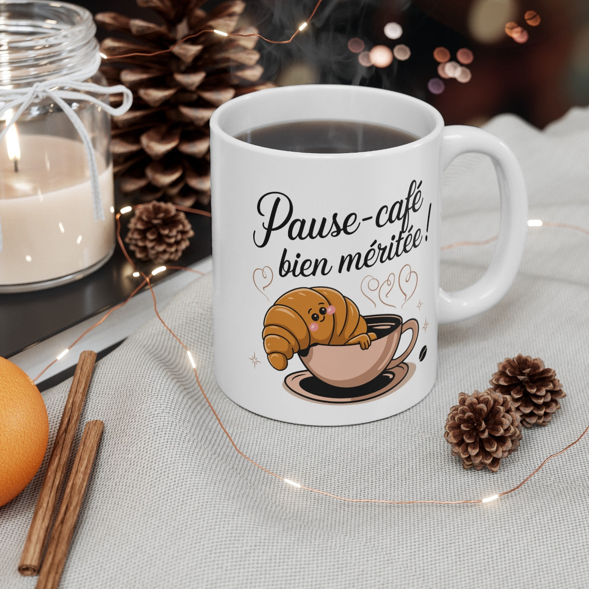Mug  Tasse Croissant et Café - Pause-Café Bien Méritée, Design Gourmand et Mignon