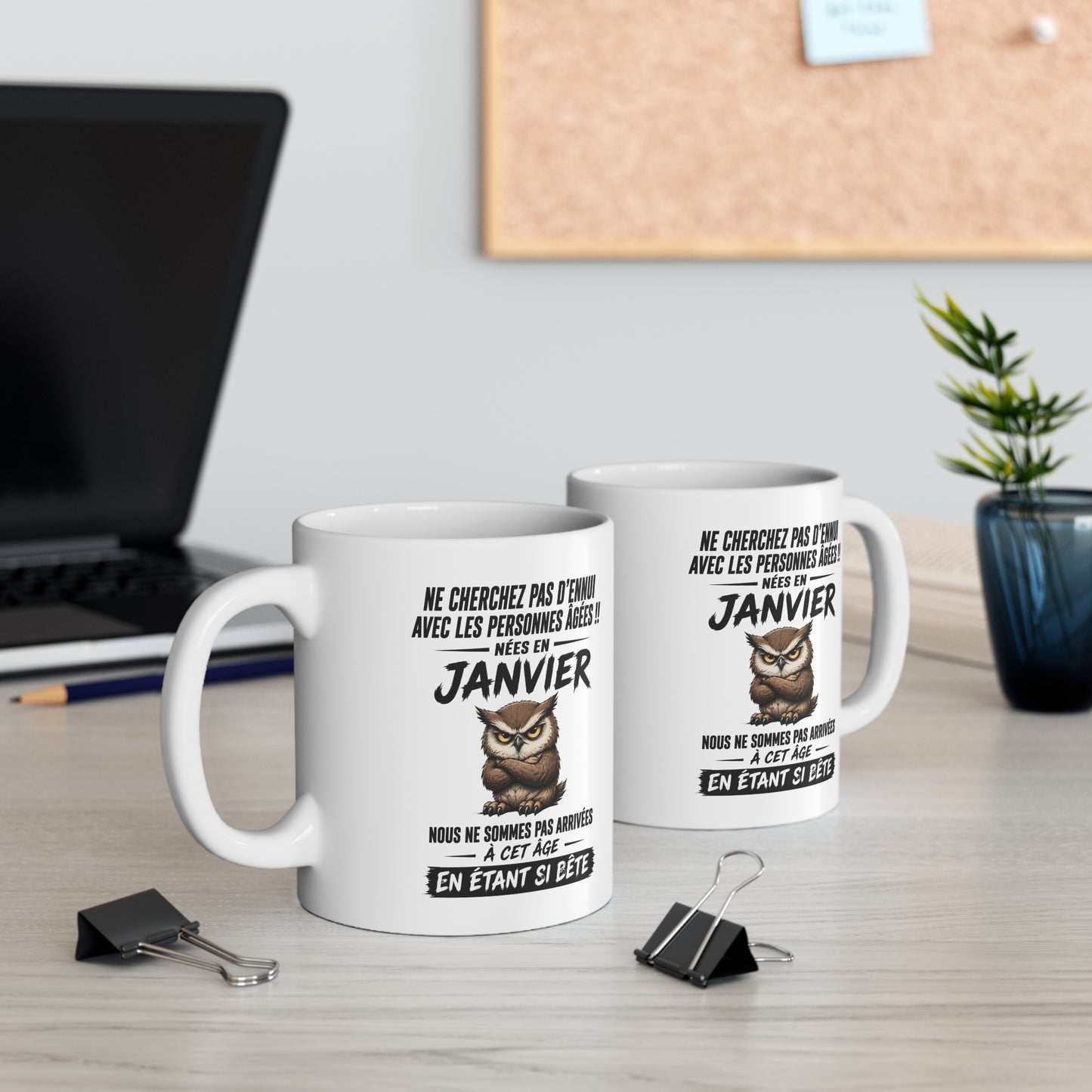 Tasse Retraite Janvier Humour – Mug Personne Âgée Chouette Drôle – Cadeau Retraité 325ml
