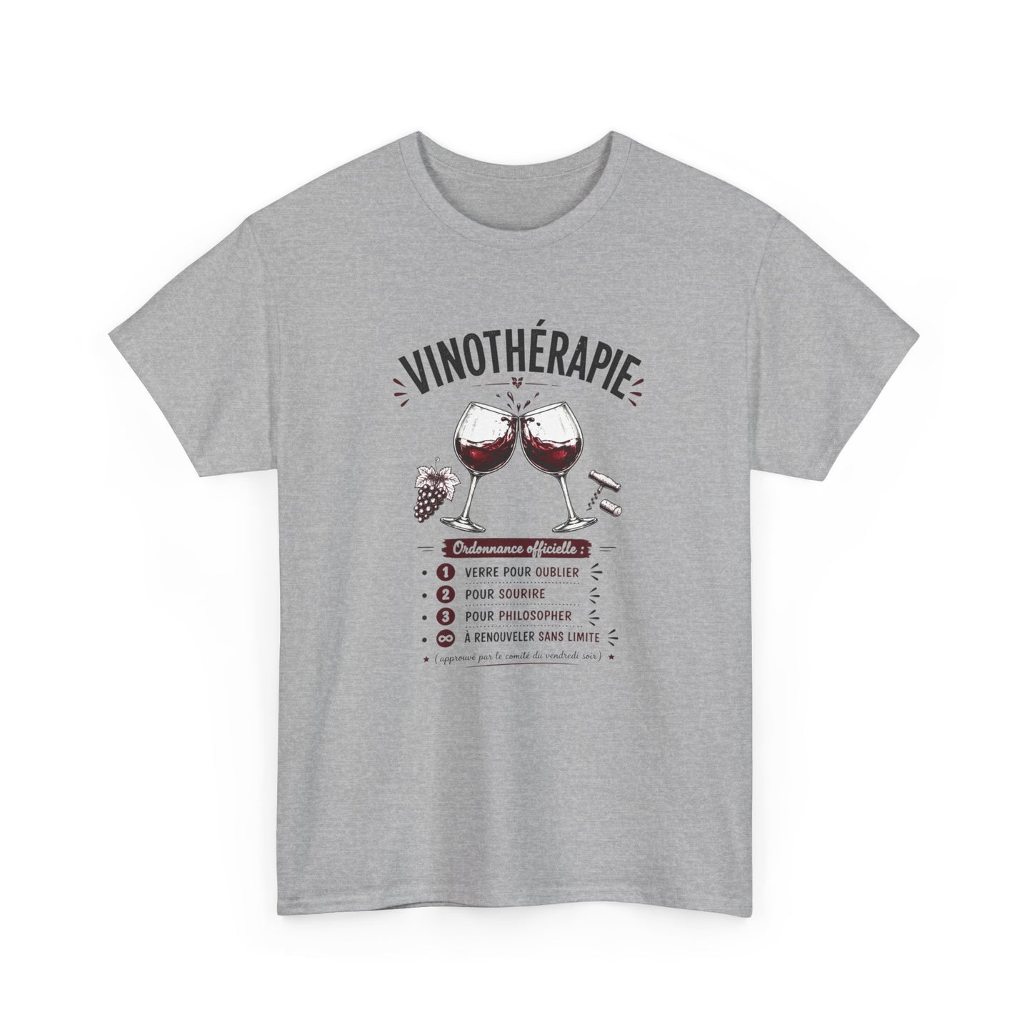 T-Shirt Vinothérapie Homme Femme – Tee Shirt Humour Vin Apéro – Cadeau Drôle Amateur Vin Soirée Noir Blanc Gris