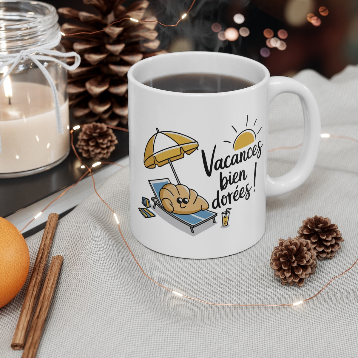 Mug « Vacances Bien Dorées » – Tasse Croissant, Soleil, Farniente, Design Été, Cadeau Original Relaxation et Vacances