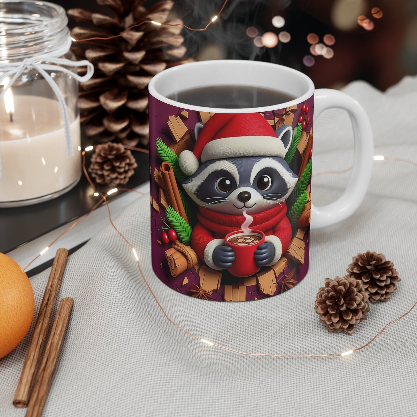 Tasse Raton Laveur Noël – Mug Céramique 325ml – Cadeau Festif Animaux Chocolat Chaud Hiver