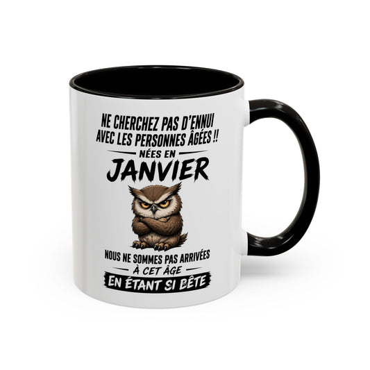 Tasse Humour Personnes Nées en Janvier – Mug Chouette Drôle Senior Retraité – Cadeau Anniversaire Homme Femme 325ml