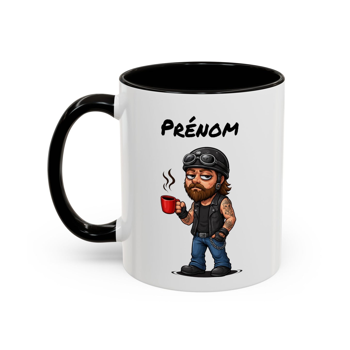 Tasse Motard Fatigué avec Café – Mug Biker Style Rock – Illustration Homme Barbu Casque Moto 325ml