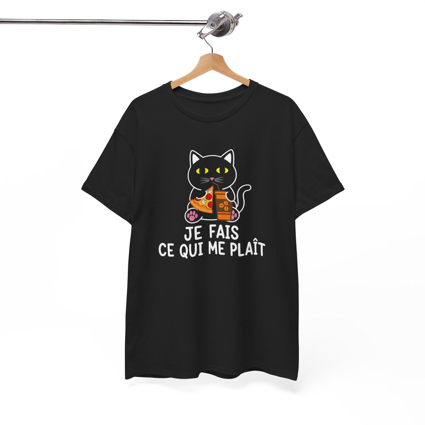 Tee Shirt Chat Homme Femme – Chat Pizza et Café Humour – Idée Cadeau Drôle Amoureux des Chats Gourmand