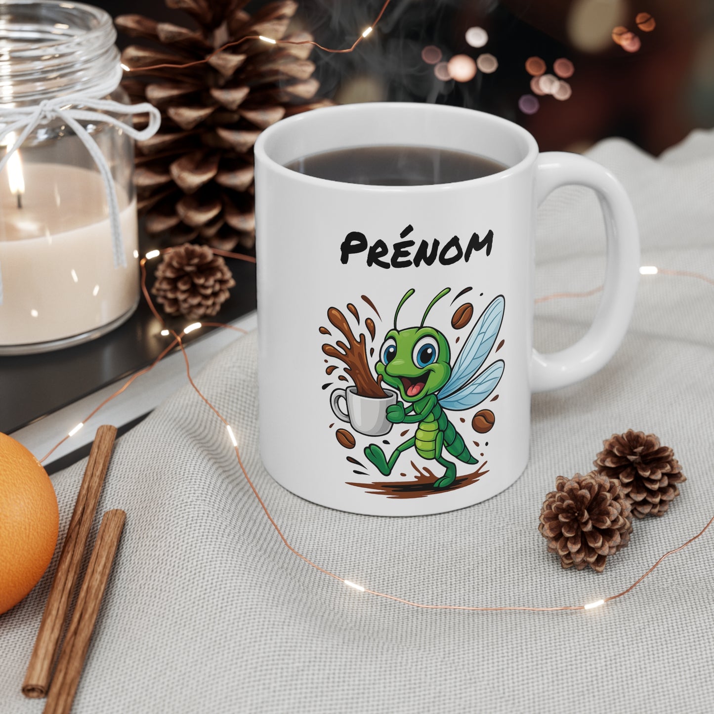 Mug Libellule Caféinée Personnalisable – Tasse Céramique 325ml avec Prénom – Design Cartoon Drôle