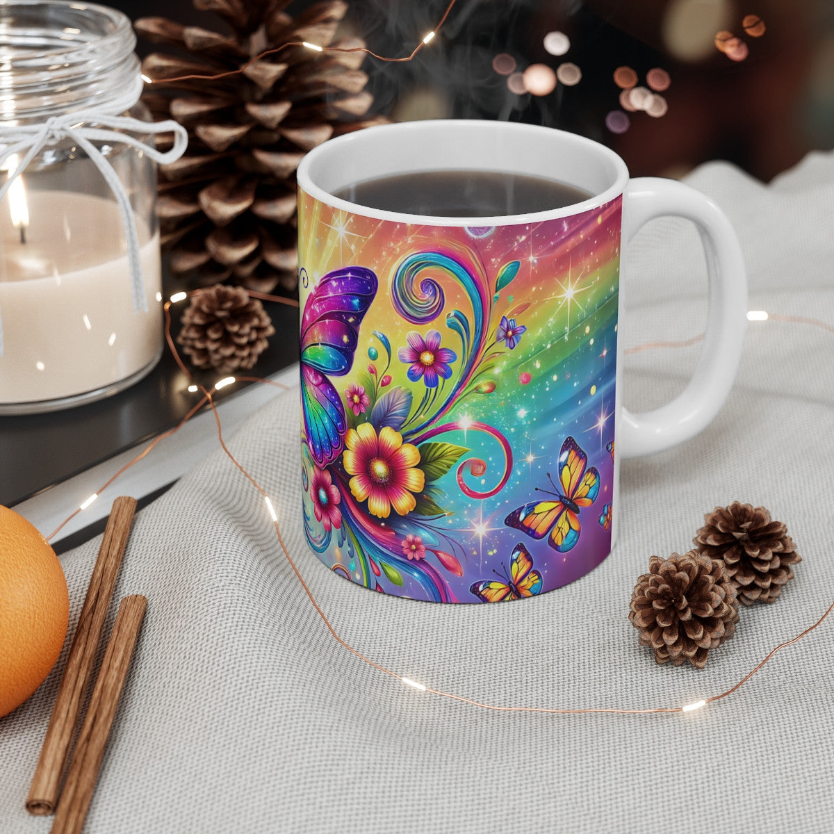 Mug Papillon Arc-en-Ciel avec Fleurs - Tasse Fantastique et Colorée pour un Esprit Poétique