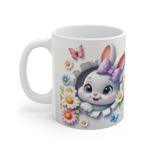 Mug Lapin Mignon avec Nœud Violet et Fleurs Printanières - Tasse Adorable pour Petits et Grands