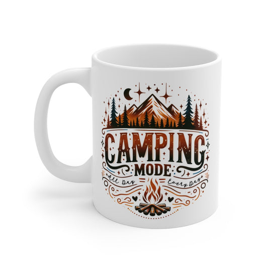 Mug Camping Mode - Design Montagne, Feu de Camp et Étoiles - Cadeau Parfait pour Amateurs de Plein Air