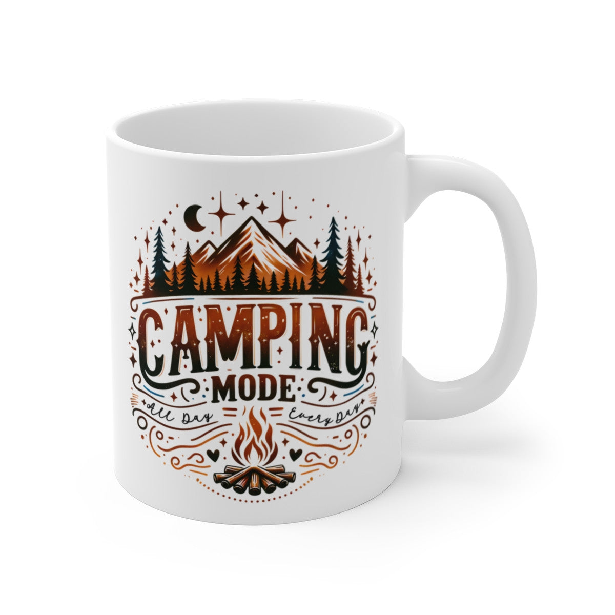 Mug Camping Mode - Design Montagne, Feu de Camp et Étoiles - Cadeau Parfait pour Amateurs de Plein Air
