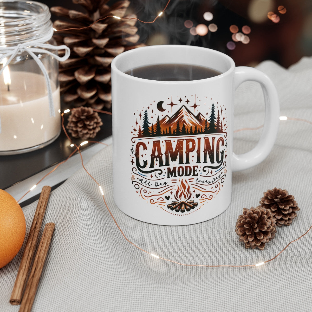 Mug Camping Mode - Design Montagne, Feu de Camp et Étoiles - Cadeau Parfait pour Amateurs de Plein Air