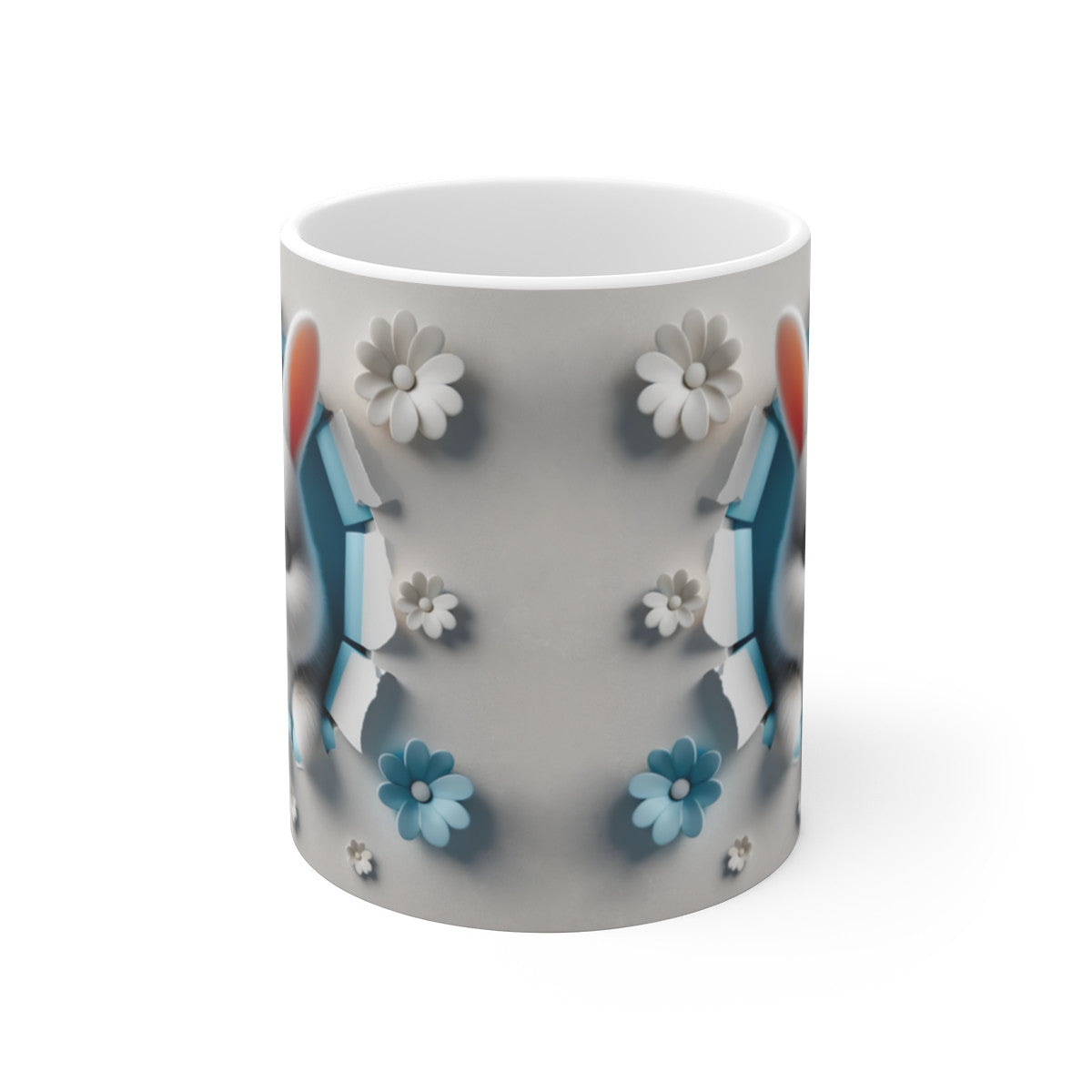 Mug Lapin Blanc et Fleurs Bleues - Design Doux et Printanier - Cadeau Idéal pour Amoureux des Animaux