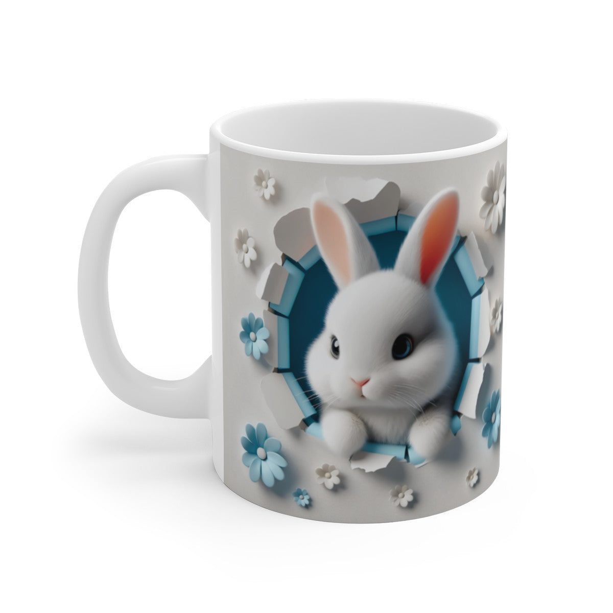 Mug Lapin Blanc et Fleurs Bleues - Design Doux et Printanier - Cadeau Idéal pour Amoureux des Animaux