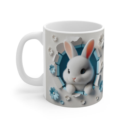 Mug Lapin Blanc et Fleurs Bleues - Design Doux et Printanier - Cadeau Idéal pour Amoureux des Animaux