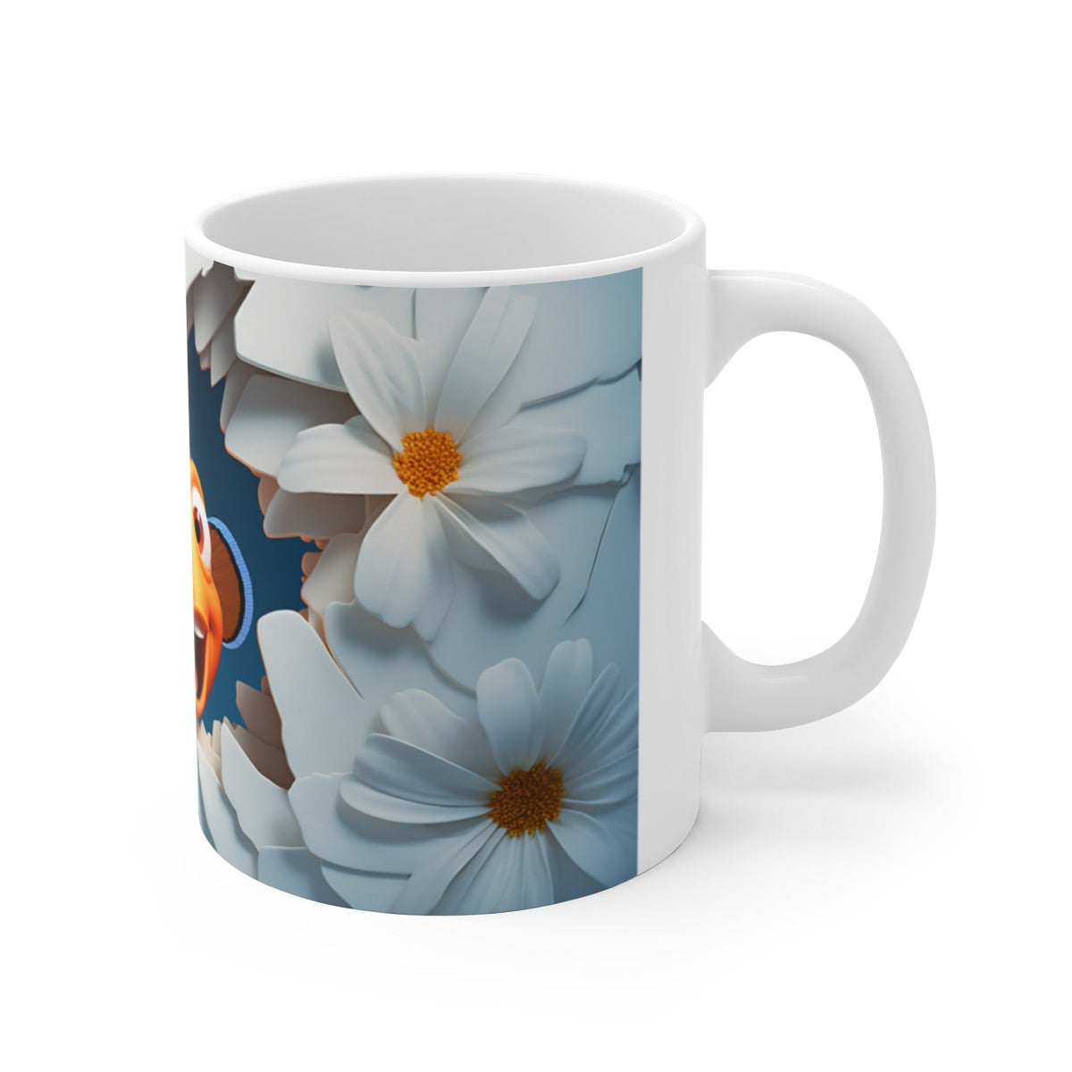 Mug Tasse Poisson-Clown Orange Tropical avec Fleurs Blanches - Design 3D Marin et Floral
