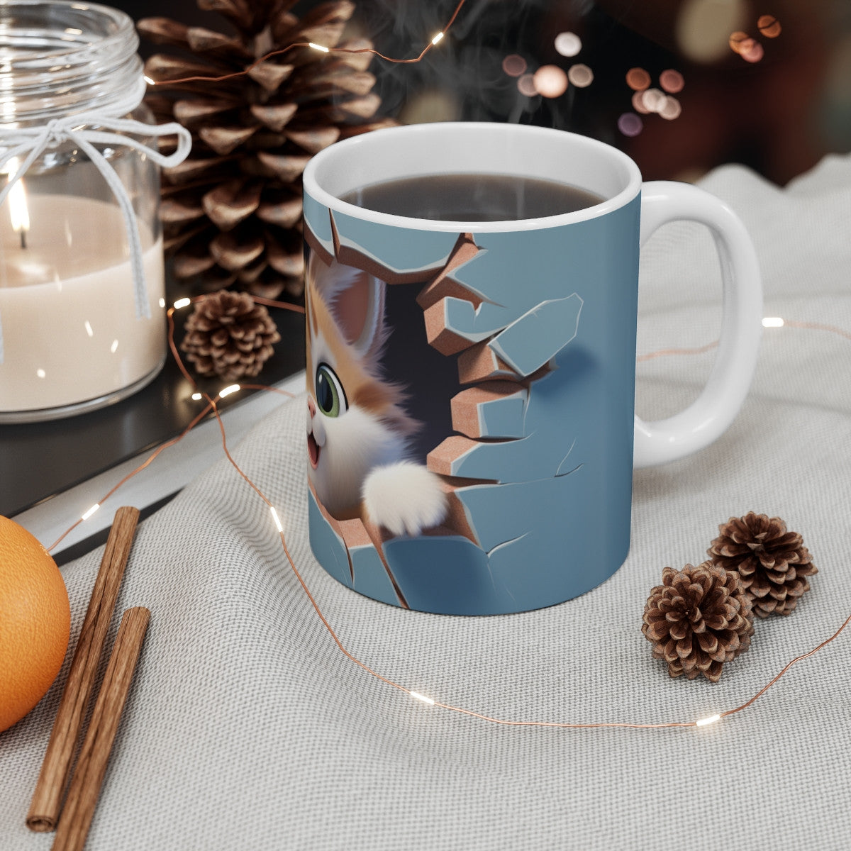 Mug Tasse Animal Chaton Adorable - Illustration 3D de Chat en Brique Cassée Idée cadeau