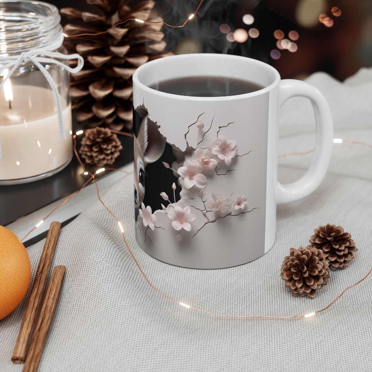 Mug Tasse Faon Biche Mignon avec Fleurs de Cerisier - Design 3D Réaliste et Élégant