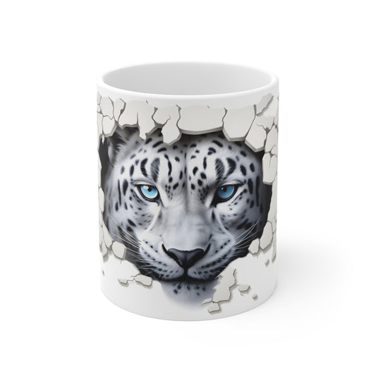 Mug Tasse Léopard des Neiges 3D - Design Hyperréaliste, Effet Mur Brisé, Félin Majestueux