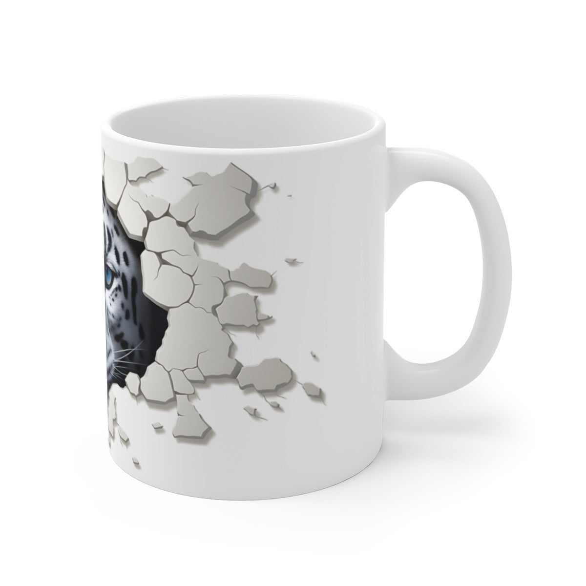 Mug Tasse Léopard des Neiges 3D - Design Hyperréaliste, Effet Mur Brisé, Félin Majestueux