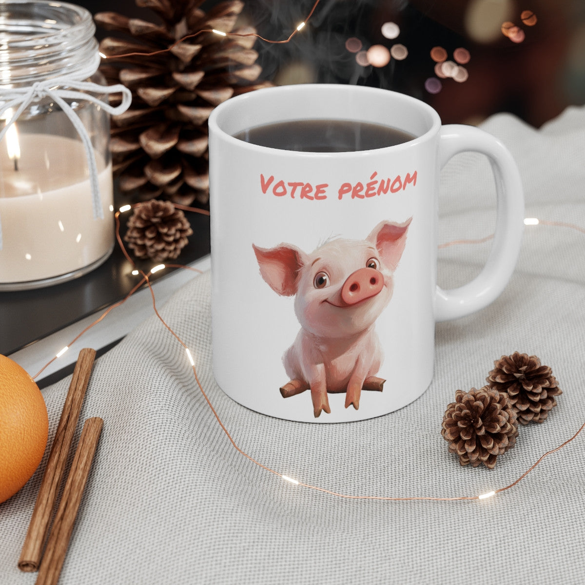 Mug Tasse Animal Personnalisé Prénom – Design Cochon Mignon – Idée Cadeau Original enfant et adulte
