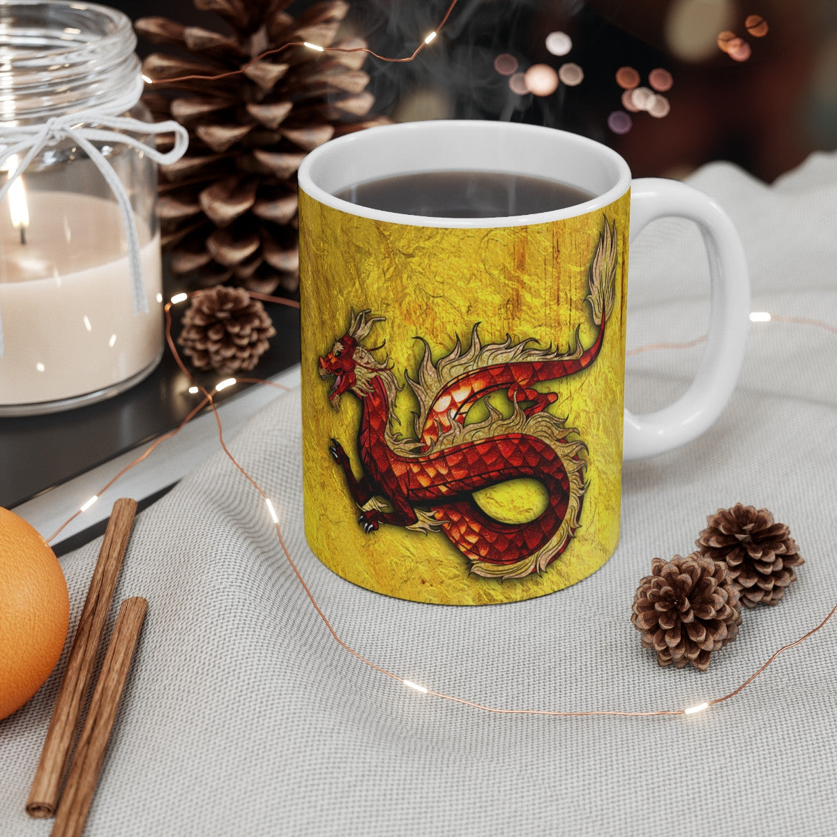 Mug Dragon Impérial - Tasse en Céramique avec Dragon Rouge et Fond Doré, Mythologie et de Culture Asiatique